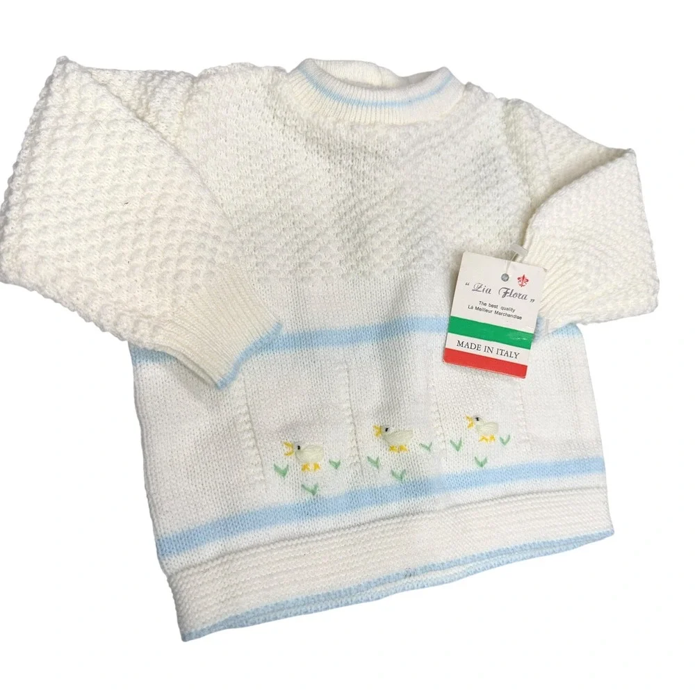 Vintage Zia Flora Italy Knit Sweater Baby 3-6 Months Embroidered Ducks Cute Cozy